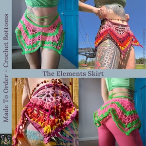 May include: A collage of images showcasing handmade crochet bottoms. The skirts are in vibrant pink and green, with a unique open weave design. The text "The Elements Skirt" is visible. The words "Made To Order - Crochet Bottoms" are also present.