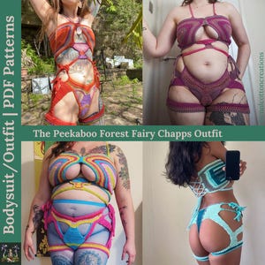 May include: Four crochet outfits in different colors and styles. The outfits include a top and shorts or chaps. The text "The Peekaboo Forest Fairy Chapps Outfit" is visible in the image.