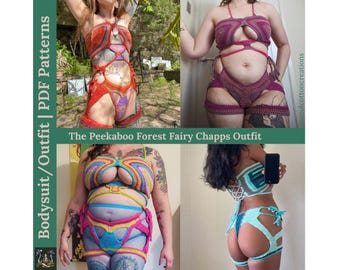 Könnte beinhalten: Vier Häkeloutfits in verschiedenen Farben und Stilen. Die Outfits bestehen aus einem Oberteil und Shorts oder Chaps. Der Text "The Peekaboo Forest Fairy Chapps Outfit" ist im Bild sichtbar.
