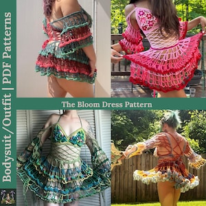 May include: A collage of four images showcasing handmade crochet dresses in various colors. The dresses feature open-weave designs, off-the-shoulder styles, and intricate patterns. The text "The Bloom Dress Pattern" is visible.