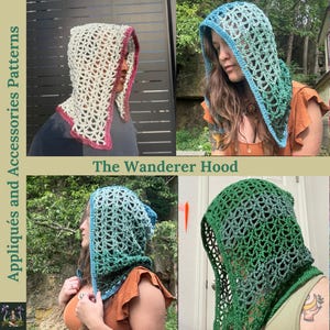 Puede incluir: Imagen con cuatro capuchas de ganchillo en varios colores. Las capuchas son de tejido abierto, una en crema con ribete burdeos, y otras en tonos azules y verdes. El texto dice "The Wanderer Hood" y "Appliqués and Accessories Patterns."