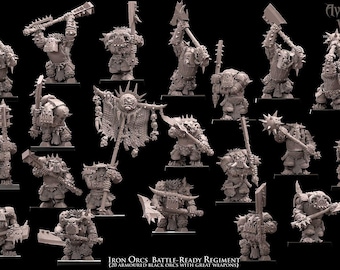 May include: A set of 20 unpainted miniature figures of armored black orcs with great weapons. The orcs are in various poses, holding axes, swords, and other weapons. The miniatures are made of plastic and are ready to be assembled and painted.