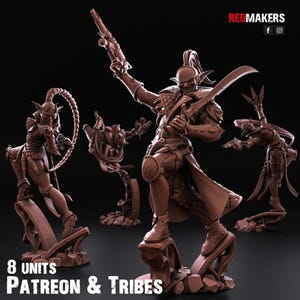 Peut inclure: Plusieurs figurines fantastiques marron en poses dynamiques, dont une avec une épée et une autre avec un fouet. L'image comprend le texte "8 UNITS PATREON & TRIBES" et le logo Redmakers.