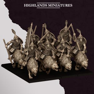 Puede incluir: Un conjunto de figuras en miniatura sin pintar que representan guerreros orcos montados en lobos, con armaduras detalladas y cascos puntiagudos con plumas. El texto HIGHLANDS MINIATURES aparece en la parte superior. Las figuras están en formación.
