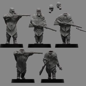 May include: A set of unpainted miniature figures depicting soldiers in trench coats and helmets, holding rifles. Some figures are wearing gas masks. The miniatures are on black bases, suitable for painting and use in tabletop games or dioramas.
