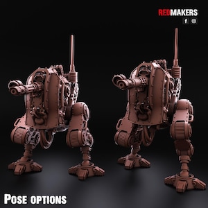 Puede incluir: Dos modelos de caminantes mecánicos marrones con armadura y armamento detallados. Cada modelo tiene un cañón grande, una antena y un diseño de pierna intrincado. El texto "POSE OPTIONS" está en la parte inferior y el logotipo de Redmakers en la parte superior.