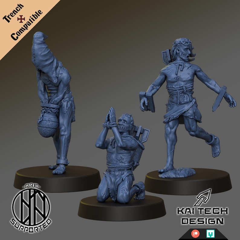 May include: Three gray miniature figures on black bases. One figure is bent over, carrying a sack. Another kneels with hands bound. The third figure is running with a knife. Text reads "Trench Compatible" and "Kai Tech Design."