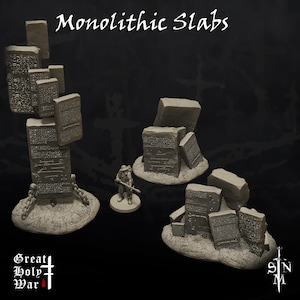 May include: Three sets of grey, textured, rectangular slabs with carved markings. The slabs are arranged in different configurations, including a tall stack and a pile. The title "Monolithic Slabs" is written in black at the top of the image.