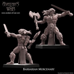 May include: A gray plastic miniature figurine of a barbarian warrior holding a sword and axe. The figurine is wearing a chainmail skirt and leather armor. The figurine is standing on a black base. The text "Barbarian Mercenary" is printed below the figurine. The text "Sculpted by Benjamin Malliet" is printed below the text "Barbarian Mercenary".