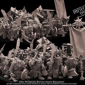 May include: A group of 20 grey plastic Orc warriors with hand weapons and shields. The Orc warriors are arranged in a battle formation with a banner that reads "Battle-Ready Troops".