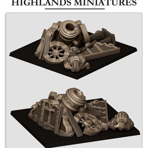 May include: Highlands Miniatures set featuring two views of a light brown resin model of a damaged mortar cannon, a broken wooden wheel, debris, and a kneeling figure with hands covering the face, all displayed on a black square base.