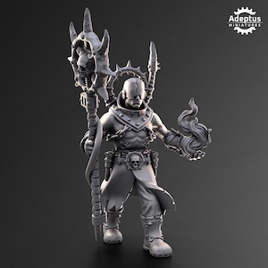 May include: A gray miniature figure of a warrior holding a staff with a skull design and a flaming hand. The figure is wearing armor and a belt with a skull buckle. The Adeptus Miniatures logo is in the upper right corner.
