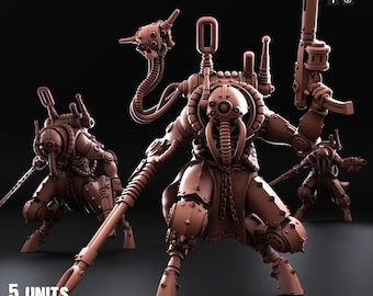 May include: Five 3D printed miniature figures of steampunk robots with intricate details, including pipes, gears, and weapons. The figures are painted in a brown color and are posed in a dynamic action stance. The image includes the text "5 UNITS PATREON & TRIBES".