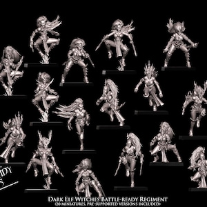 Puede incluir: Un conjunto de 20 miniaturas de brujas elfas oscuras, pre-soportadas para impresión 3D. Las miniaturas están en varias poses listas para la batalla, sosteniendo armas y escudos. Las miniaturas están hechas de un material plástico gris.