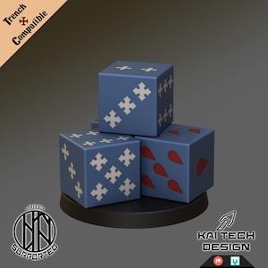 May include: Three blue dice with white crosses and red teardrop designs. The dice are stacked on top of each other on a black base. The dice are compatible with Trench Warfare miniatures.