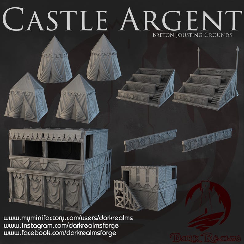 May include: A 3D printed model kit of a medieval castle jousting grounds. The kit includes a large wooden structure with a balcony, two sets of bleachers, and four tents. The kit is designed for use with miniature figures and is perfect for tabletop gaming.