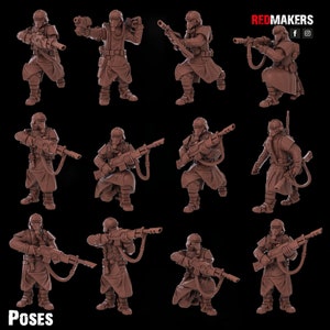 Peut inclure: Douze poses différentes d'une figurine de soldat en plastique miniature portant un masque à gaz et tenant un fusil. La figurine est peinte en brun. Les figurines sont posées dans différentes positions d'action. L'image est intitulée "POSES" en bas.