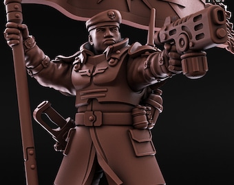 May include: A brown plastic miniature figurine of a soldier wearing a red beret and holding a gun and a flag. The flag has a skull and crossbones design and the text "REDMAKERS" on it.