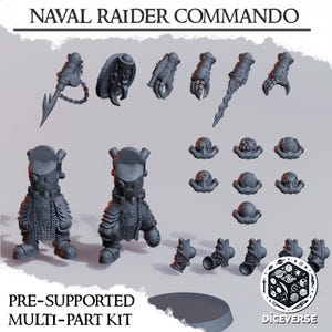 May include: A collection of gray, multi-part miniature figures and accessories, including a spear, shield, and various robotic-looking hands and helmets. The text "NAVAL RAIDER COMMANDO" and "PRE-SUPPORTED MULTI-PART KIT" are visible.