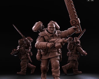 May include: Three miniature figures of soldiers wearing futuristic armor and carrying weapons. The figures are painted in a brown color and are posed in a dynamic action stance. The figure in the center is holding a large, futuristic sword.