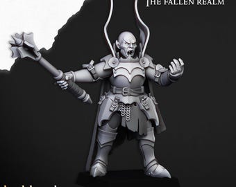 May include: A gray plastic miniature figure of a vampire wearing armor and holding a spiked mace. The figure is standing on a black base. The text "Transilvanya The Fallen Realm" is printed above the figure.