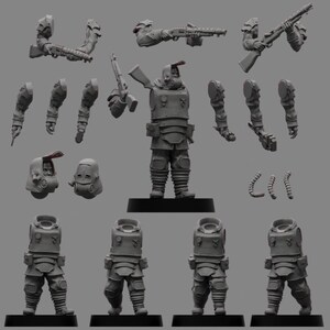 Puede incluir: Colección de figuras en miniatura sin pintar, que incluye un soldado con armadura, varias armas y piezas adicionales. Las figuras grises son de plástico o resina, ideales para juegos de mesa o modelismo.