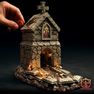 May include: A stone church miniature with a cross on top and a stained-glass window. The church has an arched entrance with lanterns and is surrounded by skulls, candles, and sandbags. A red twenty-sided die is held above the church.