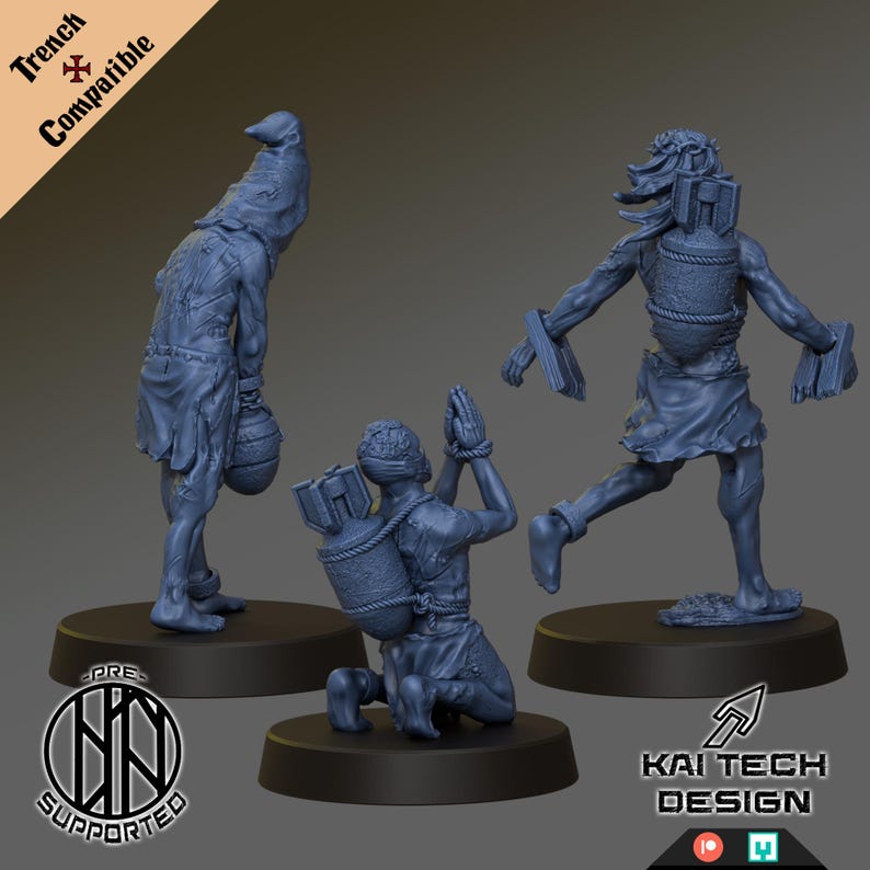 May include: Three gray miniature figures in various poses, each with a unique design. One figure kneels with hands clasped, another stands with a vessel, and the third is in a walking pose. The figures are on black bases. Text includes "Trench Compatible" and "Kai Tech Design."