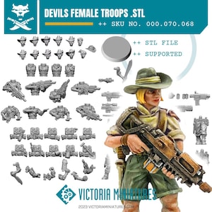 May include: A digital product listing for DEVILS FEMALE TROOPS .STL, SKU 000.070.068. The image displays various unpainted miniature components including heads, torsos, weapons, and backpacks, alongside a fully painted miniature soldier holding a rifle.