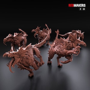 Peut inclure: Cinq figurines miniatures en plastique brun détaillées d'une créature mythique avec des dents, des griffes et des pointes acérées. Les figurines sont posées dans une variété de poses dynamiques.