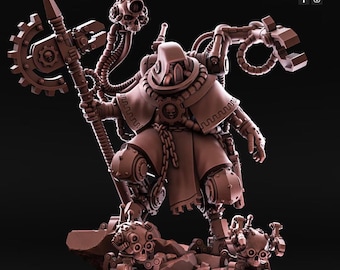 May include: A brown, detailed figurine of a futuristic warrior with mechanical components. The figure is adorned with a hooded cloak, skull motifs, and a weapon with a gear-shaped blade. The base features rocky terrain and additional mechanical skulls.