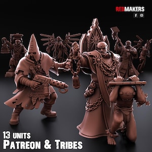 Peut inclure: Ensemble de figurines miniatures imprimées en 3D de couleur marron, comprenant un personnage cagoulé avec une mitrailleuse et un personnage en robe tenant des chaînes. Le texte « 13 UNITS » et « Patreon & Tribes » sont visibles.