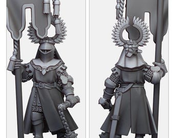 May include: A gray plastic miniature of a knight holding a banner with a winged sun design. The knight is wearing armor and a long robe. The miniature is standing on a black base. HIGHLANDS MINIATURES is printed at the top of the image.