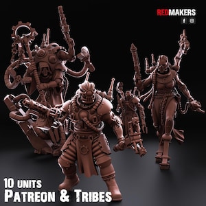May include: Several brown futuristic figurines with mechanical features, including weapons and cogs. The text "10 UNITS PATREON & TRIBES" is at the bottom. The Redmakers logo is in the top right corner.