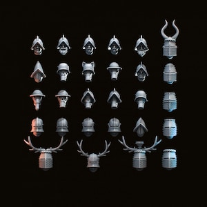 Puede incluir: Una colección de cascos y tocados en miniatura, incluyendo cascos con cuernos, cornamentas y varios diseños de viseras. Las piezas son de color gris neutro, perfectas para juegos de miniaturas o proyectos de artesanía.