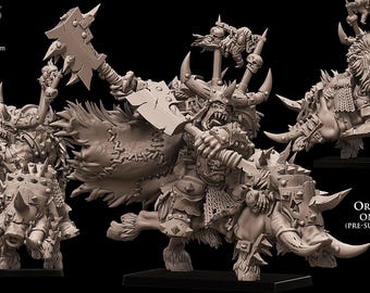 May include: A detailed 3D printed miniature of an Orc Warlord riding a Warboar. The Orc is wielding a large axe and is wearing armor and a cape. The Warboar is heavily armored and has a large tusk. The miniature is pre-supported and ready to be printed.