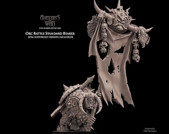 May include: A gray plastic miniature of an Orc holding a battle standard. The standard is a tattered cloth with skulls and a skull-like face. The Orc is wearing armor and holding a spear. The miniature is pre-supported and ready to be printed.