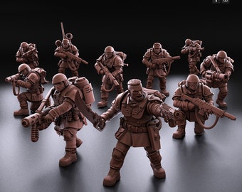 May include: A group of nine brown plastic miniature figures of soldiers wearing futuristic armor and holding various weapons. The figures are posed in a variety of action poses.