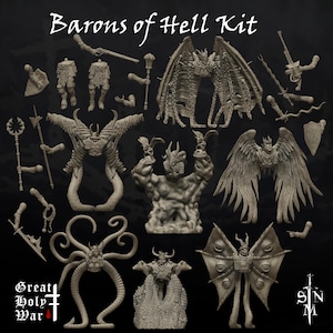 May include: A set of 3D printed miniatures for tabletop games, featuring various demonic figures with wings, horns, and other monstrous features. The set is titled "Barons of Hell Kit" and includes a variety of weapons and accessories.