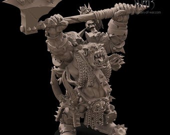 May include: A grey 3D printed miniature of an Orc Warlord wielding a large axe. The miniature is detailed with chainmail armor, a spiked belt, and a skull on the axe handle. The miniature is pre-supported and ready to be printed.