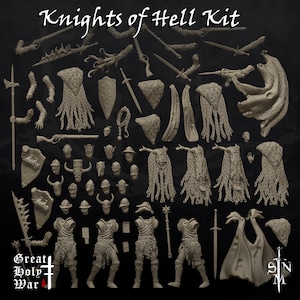Puede incluir: Una colección de figuras y accesorios en miniatura, que incluyen armaduras, armas y capas. El texto "Knights of Hell Kit" se muestra en la parte superior. El texto "Great Holy War" se muestra en la esquina inferior izquierda.