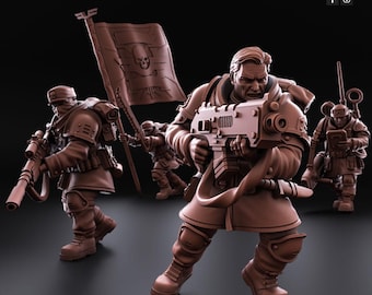 May include: A group of four miniature figures in a brown color, depicting soldiers with weapons and a flag. The flag has a skull and crossbones design. The figures are posed in a dynamic action stance. The figures are part of a set of miniatures for tabletop games.