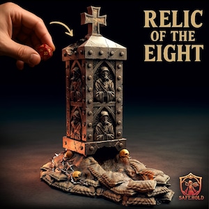May include: A detailed, weathered, brown tabletop game piece with the text "RELIC OF THE EIGHT". The piece features a cross on top, with carved figures wearing gas masks. A red die is held above the piece. The base has skulls and sandbags.