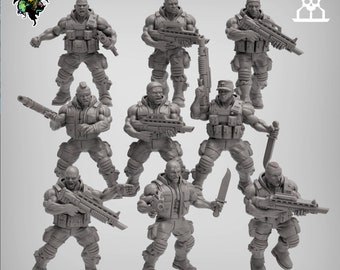 May include: Eight gray plastic action figures of soldiers, each with a different pose and holding a weapon. The figures are all wearing military gear, including helmets, vests, and boots.