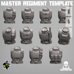 May include: A set of 10 3D printed plastic torso models for miniature wargaming. The models feature different chest armour designs, including pouches, straps, and a sword.