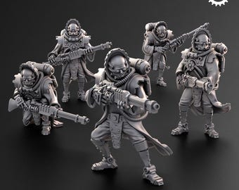 Op de afbeelding: Vijf grijze miniatuurfiguren, elk gewapend met een geweer en met een helm met een ademhalingsapparaat. De figuren staan in een dynamische pose, die actie suggereert. De tekst "5 units" staat onderaan.