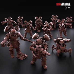 May include: A set of 10 brown plastic miniature figures, including a walker-style robot with a large cannon, and several figures with large guns and backpacks. The figures are posed in a battle scene.