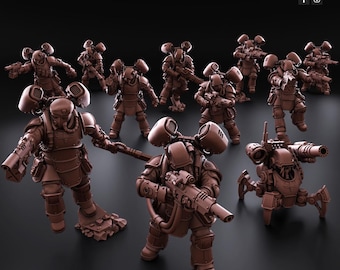May include: A set of 10 brown plastic miniature figures, including a walker-style robot with a large cannon, and several figures with large guns and backpacks. The figures are posed in a battle scene.
