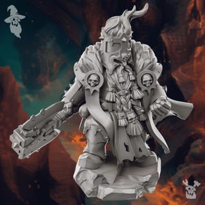 May include: A grey, detailed miniature figurine of a dwarf warrior wearing a horned helmet, a fur-lined cloak, and holding a large axe. The dwarf has a long braided beard and a fierce expression.