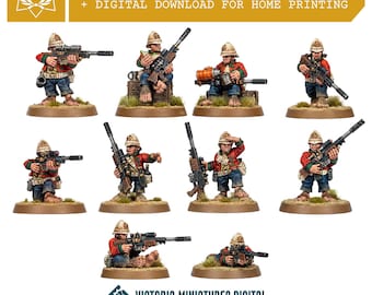 May include: A collection of ten miniature halfling figures dressed in red jackets, blue trousers, and pith helmets. Each figure is equipped with a long-range sniper rifle. The text reads VICTORIAN HALFLING SQUAD. STL + DIGITAL DOWNLOAD FOR HOME PRINTING.